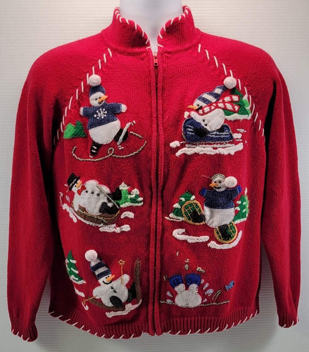 Vintage Tiara International Woman Full Zip Red Christmas Snowman Sweater Medium